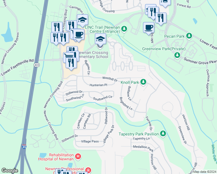 map of restaurants, bars, coffee shops, grocery stores, and more near 330 Hunterian Place in Newnan