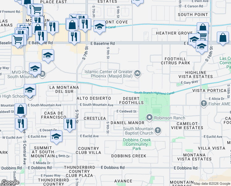 map of restaurants, bars, coffee shops, grocery stores, and more near 8201 South 9th Street in Phoenix