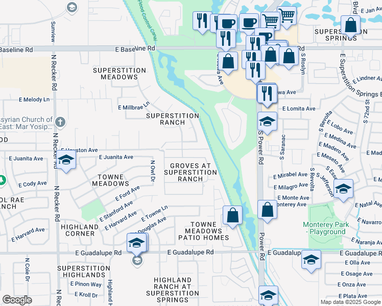 map of restaurants, bars, coffee shops, grocery stores, and more near 4536 East Juanita Avenue in Gilbert