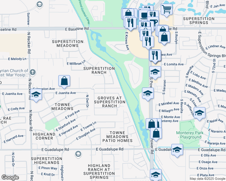 map of restaurants, bars, coffee shops, grocery stores, and more near 4536 E Juanita Ave in Gilbert