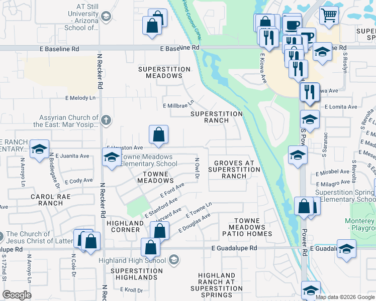 map of restaurants, bars, coffee shops, grocery stores, and more near 4326 E Juanita Ave in Gilbert
