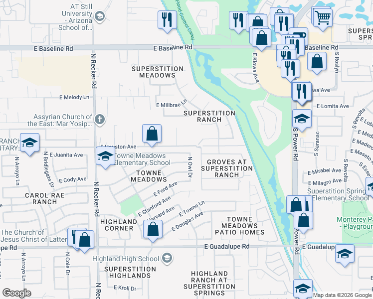 map of restaurants, bars, coffee shops, grocery stores, and more near 4326 East Juanita Avenue in Gilbert