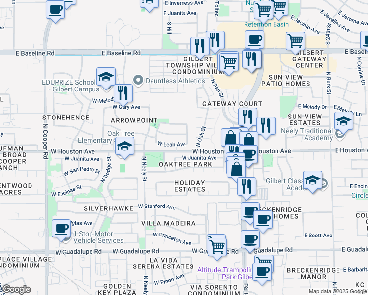 map of restaurants, bars, coffee shops, grocery stores, and more near 243 W Leah Ave in Gilbert