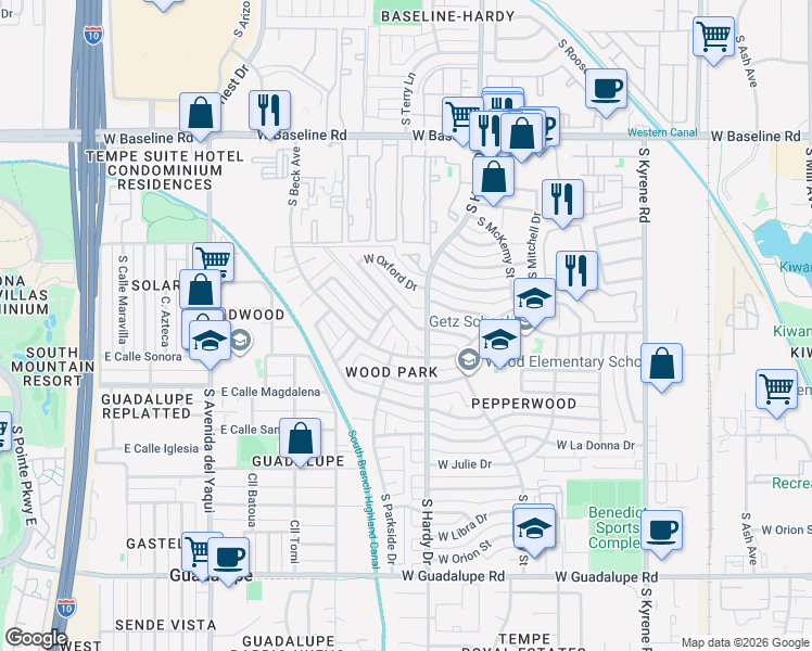 map of restaurants, bars, coffee shops, grocery stores, and more near 1015 West Tulane Drive in Tempe