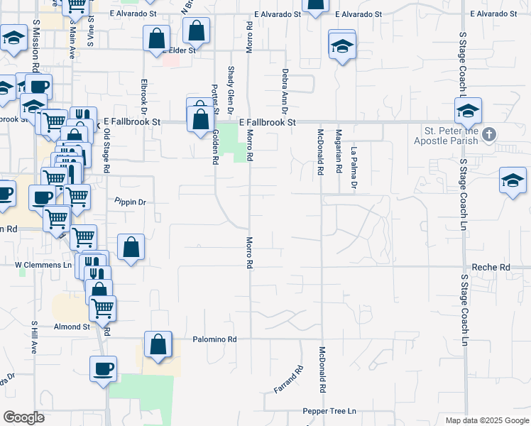 map of restaurants, bars, coffee shops, grocery stores, and more near 944 Morro Road in Fallbrook