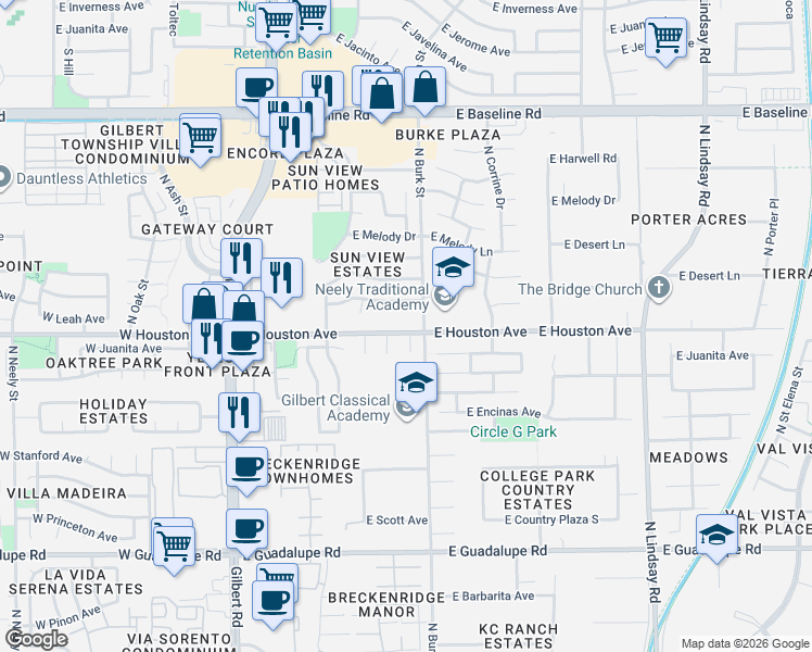 map of restaurants, bars, coffee shops, grocery stores, and more near 332 East Houston Avenue in Gilbert