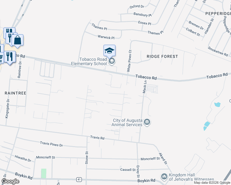 map of restaurants, bars, coffee shops, grocery stores, and more near 4113 Daisy Lane in Augusta