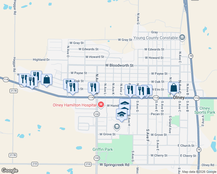 map of restaurants, bars, coffee shops, grocery stores, and more near 804 West Elm Street in Olney