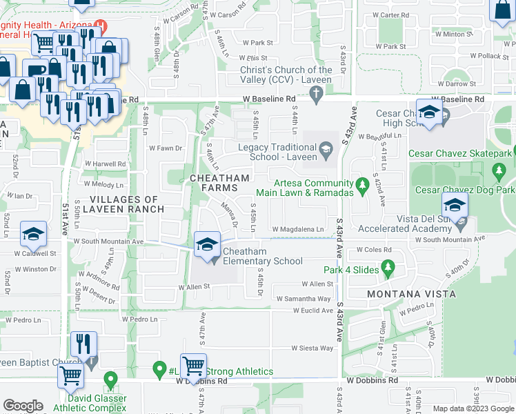 map of restaurants, bars, coffee shops, grocery stores, and more near 8217 South 45th Lane in Phoenix
