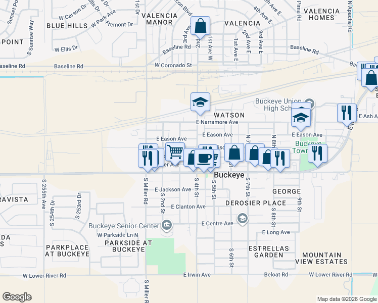 map of restaurants, bars, coffee shops, grocery stores, and more near 308 East Roosevelt Avenue in Buckeye