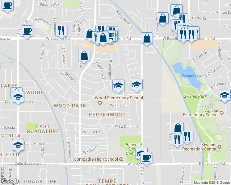 map of restaurants, bars, coffee shops, grocery stores, and more near 5632 South Roosevelt Street in Tempe