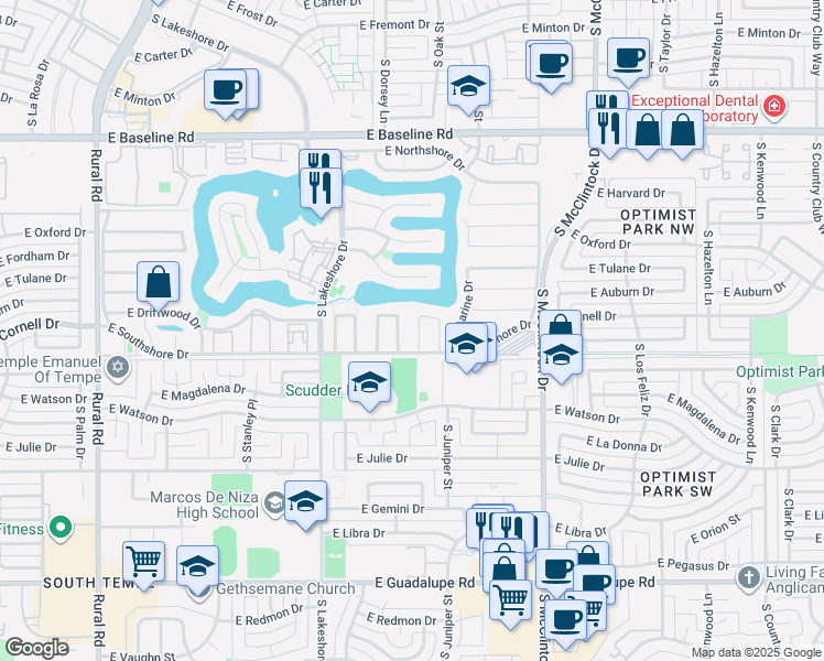 map of restaurants, bars, coffee shops, grocery stores, and more near 5620 South Crows Nest Road in Tempe