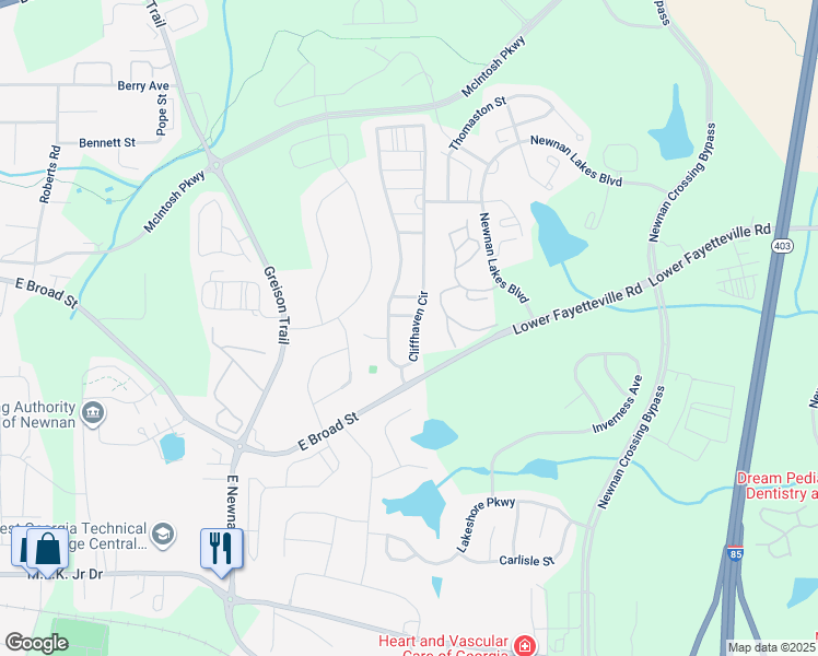 map of restaurants, bars, coffee shops, grocery stores, and more near 34 Cliffhaven Circle in Newnan