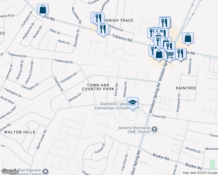 map of restaurants, bars, coffee shops, grocery stores, and more near 4112 Country Lane in Hephzibah