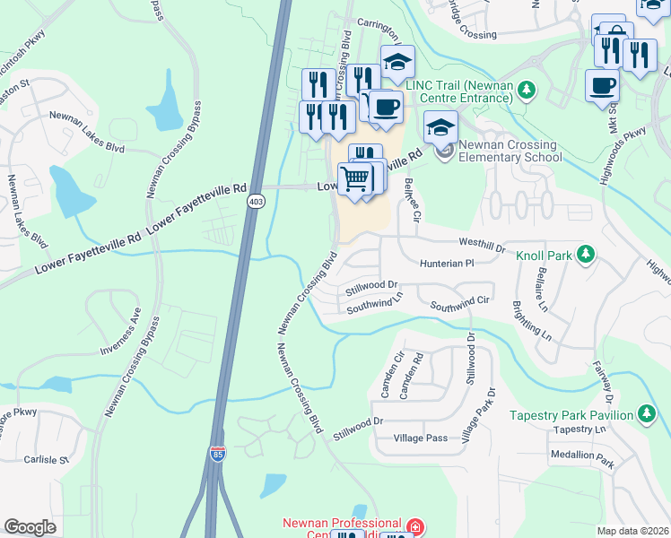 map of restaurants, bars, coffee shops, grocery stores, and more near 175 Seabreeze Court in Newnan
