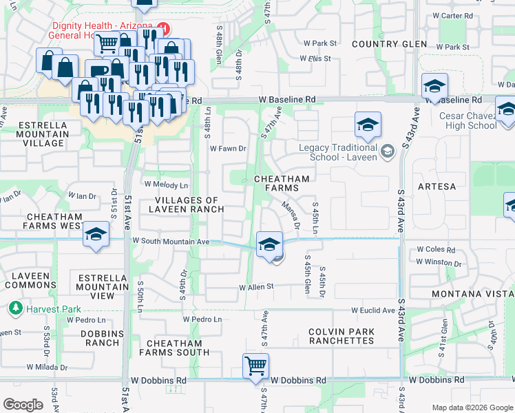 map of restaurants, bars, coffee shops, grocery stores, and more near 8202 South 47th Avenue in Phoenix