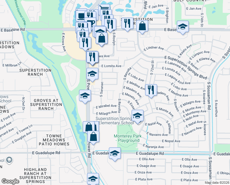 map of restaurants, bars, coffee shops, grocery stores, and more near 2419 S Roslyn in Mesa