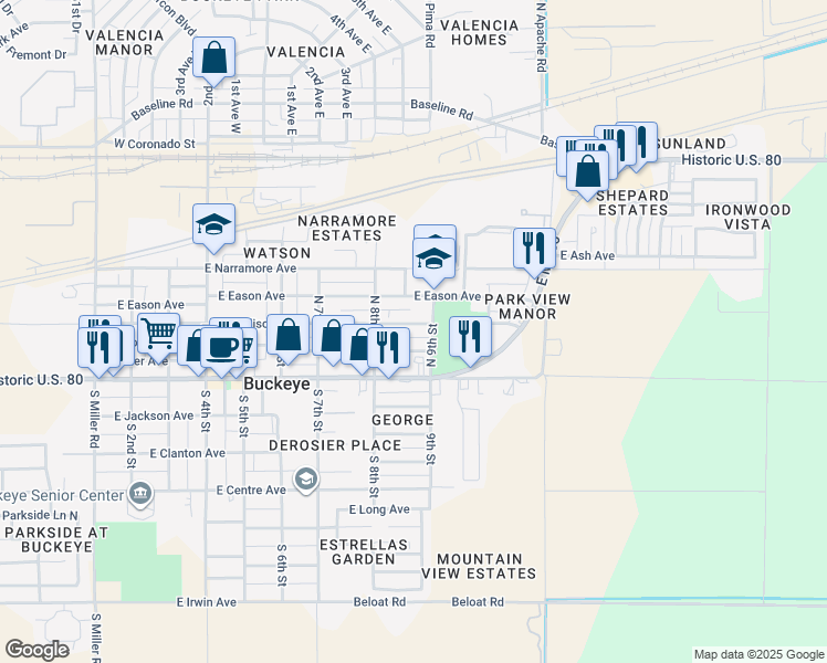 map of restaurants, bars, coffee shops, grocery stores, and more near 210 North 9th Street in Buckeye