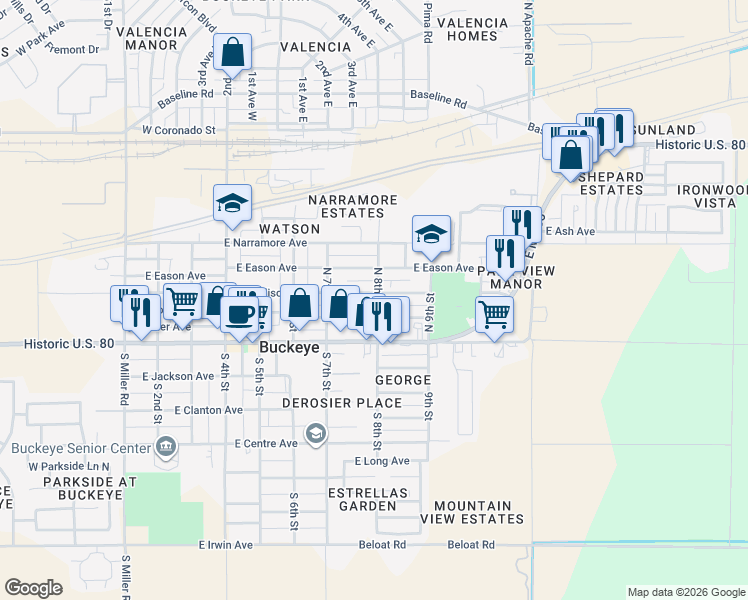 map of restaurants, bars, coffee shops, grocery stores, and more near 808 East Roosevelt Avenue in Buckeye
