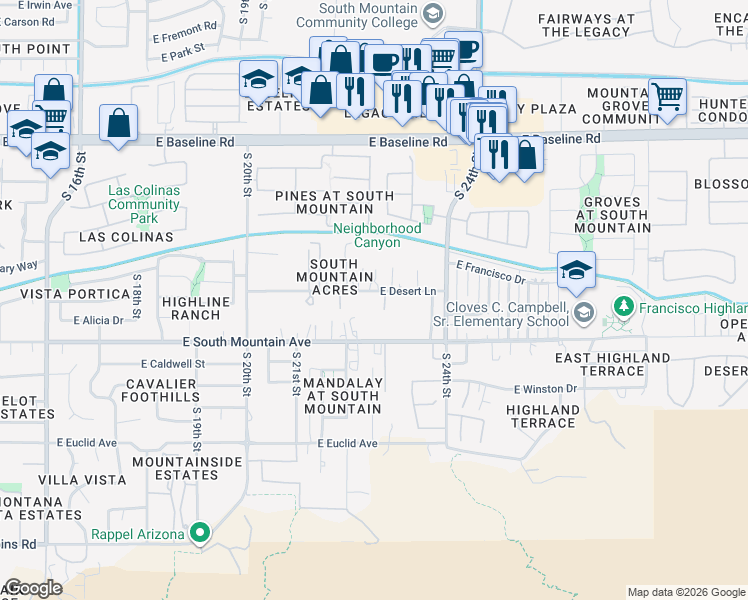 map of restaurants, bars, coffee shops, grocery stores, and more near 2231 East Desert Lane in Phoenix