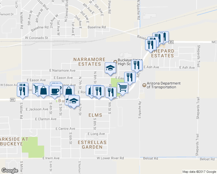 map of restaurants, bars, coffee shops, grocery stores, and more near 210 North 9th Street in Buckeye