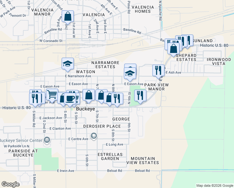 map of restaurants, bars, coffee shops, grocery stores, and more near 808 East Roosevelt Avenue in Buckeye