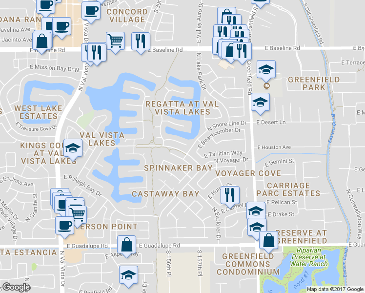 map of restaurants, bars, coffee shops, grocery stores, and more near 2127 East Freeport Lane in Gilbert
