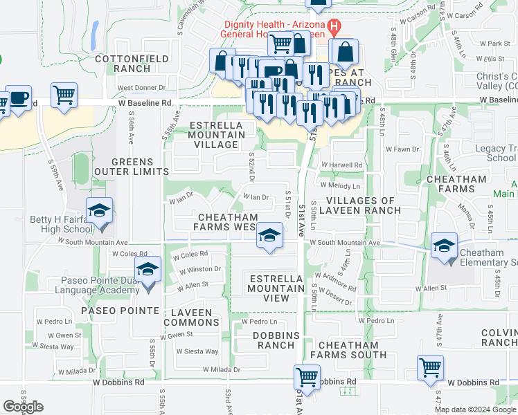 map of restaurants, bars, coffee shops, grocery stores, and more near 5220 West Desert Lane in Phoenix