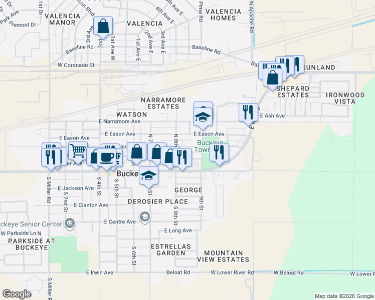 map of restaurants, bars, coffee shops, grocery stores, and more near 808 East Roosevelt Avenue in Buckeye