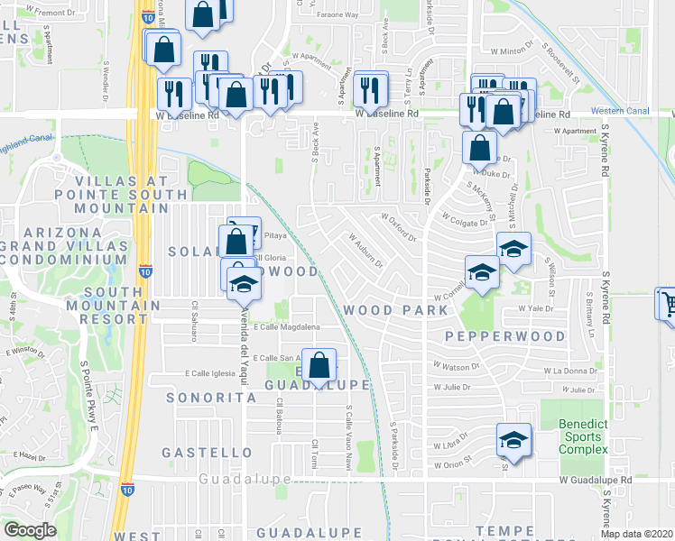map of restaurants, bars, coffee shops, grocery stores, and more near 5725 S Beck Ave in Tempe