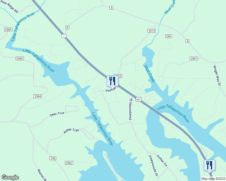 map of restaurants, bars, coffee shops, grocery stores, and more near 55 Pam Street in Wedowee