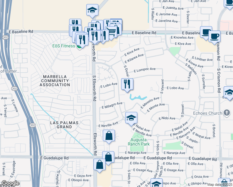map of restaurants, bars, coffee shops, grocery stores, and more near 2403 South Compton in Mesa