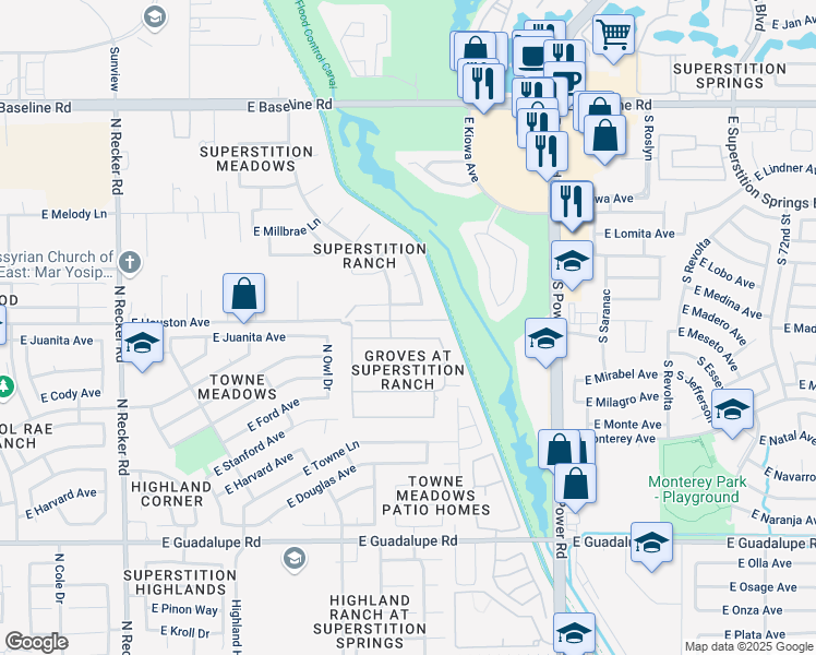 map of restaurants, bars, coffee shops, grocery stores, and more near 4536 East Juanita Avenue in Gilbert