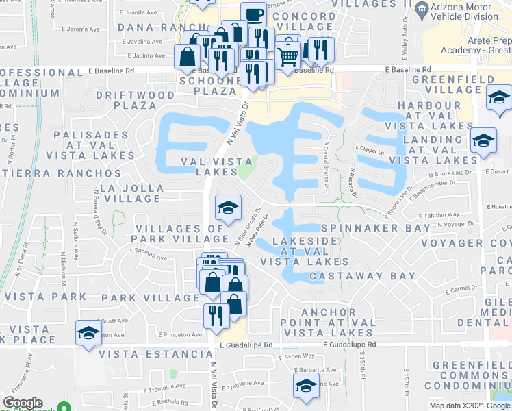 map of restaurants, bars, coffee shops, grocery stores, and more near 1177-1199 North Blue Grotto Drive in Gilbert