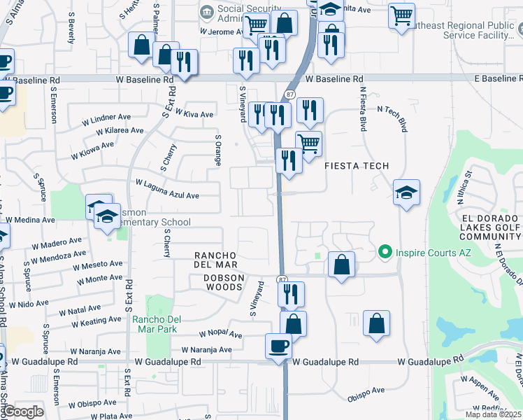 map of restaurants, bars, coffee shops, grocery stores, and more near 2318 South Country Club Drive in Mesa