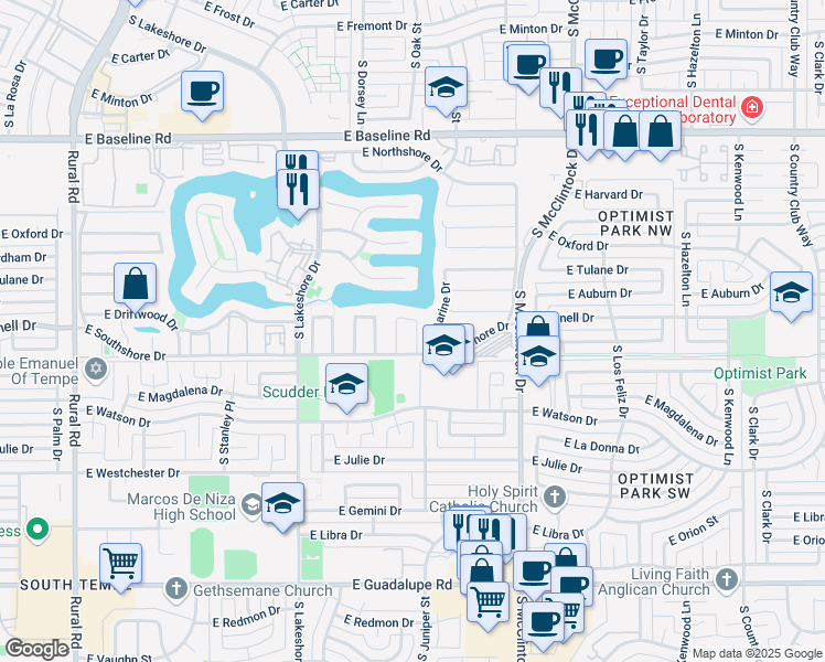 map of restaurants, bars, coffee shops, grocery stores, and more near 5617 South Spinnaker Road in Tempe