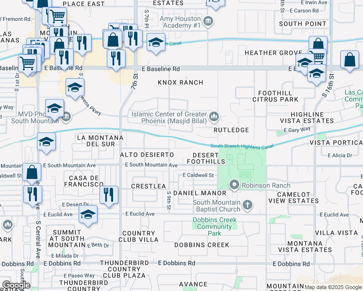 map of restaurants, bars, coffee shops, grocery stores, and more near 8201 South 9th Street in Phoenix