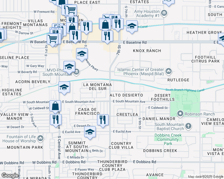 map of restaurants, bars, coffee shops, grocery stores, and more near 720 East Desert Lane in Phoenix