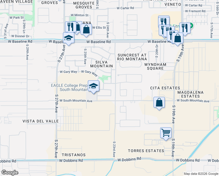 map of restaurants, bars, coffee shops, grocery stores, and more near 2322 West Alicia Drive in Phoenix