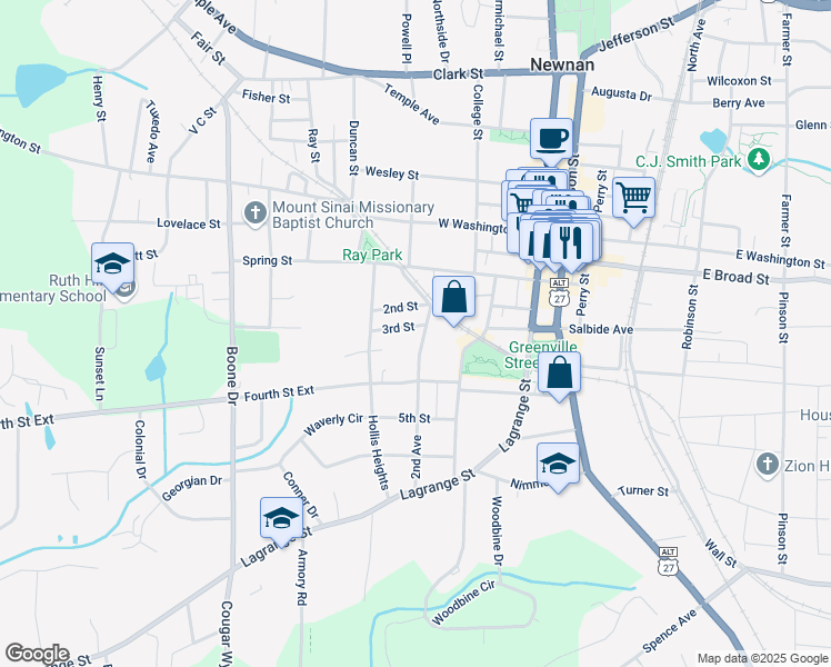 map of restaurants, bars, coffee shops, grocery stores, and more near 8 3rd Street in Newnan