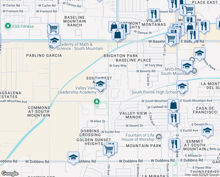 map of restaurants, bars, coffee shops, grocery stores, and more near 8204 South 6th Lane in Phoenix