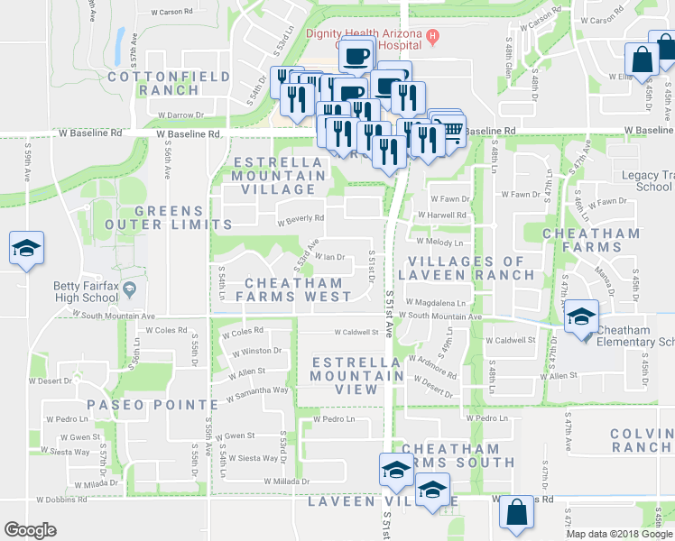 map of restaurants, bars, coffee shops, grocery stores, and more near 5216 West Desert Lane in Phoenix