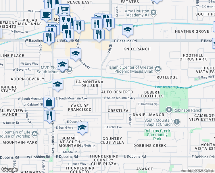 map of restaurants, bars, coffee shops, grocery stores, and more near 720 East Desert Lane in Phoenix