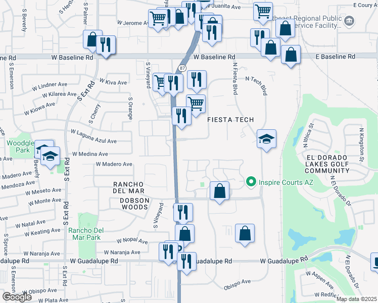 map of restaurants, bars, coffee shops, grocery stores, and more near 1225 North Arizona Avenue in Gilbert