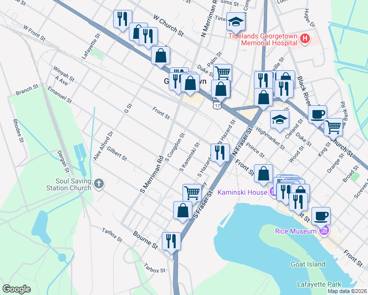 map of restaurants, bars, coffee shops, grocery stores, and more near 1618 Winyah Street in Georgetown