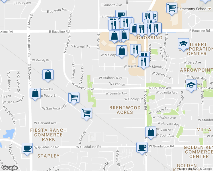 map of restaurants, bars, coffee shops, grocery stores, and more near 975 W Leah Ln in Gilbert