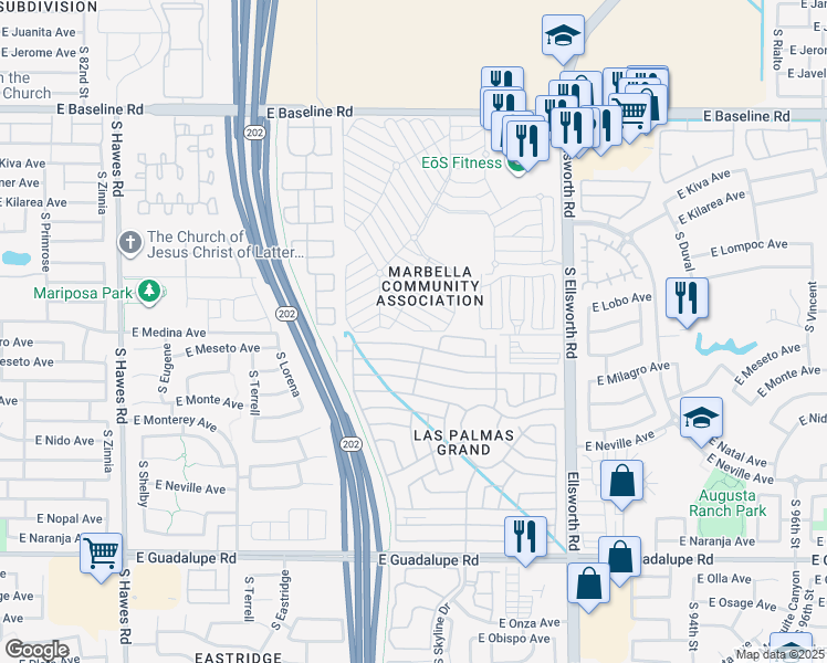 map of restaurants, bars, coffee shops, grocery stores, and more near Vista Drive South in Mesa