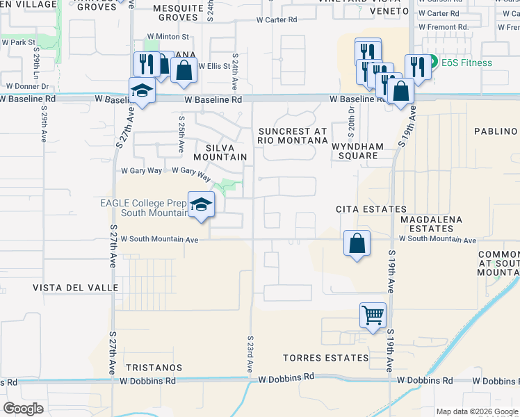 map of restaurants, bars, coffee shops, grocery stores, and more near 8214 South 22nd Lane in Phoenix