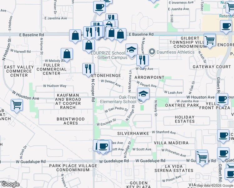 map of restaurants, bars, coffee shops, grocery stores, and more near 647 West Leah Avenue in Gilbert