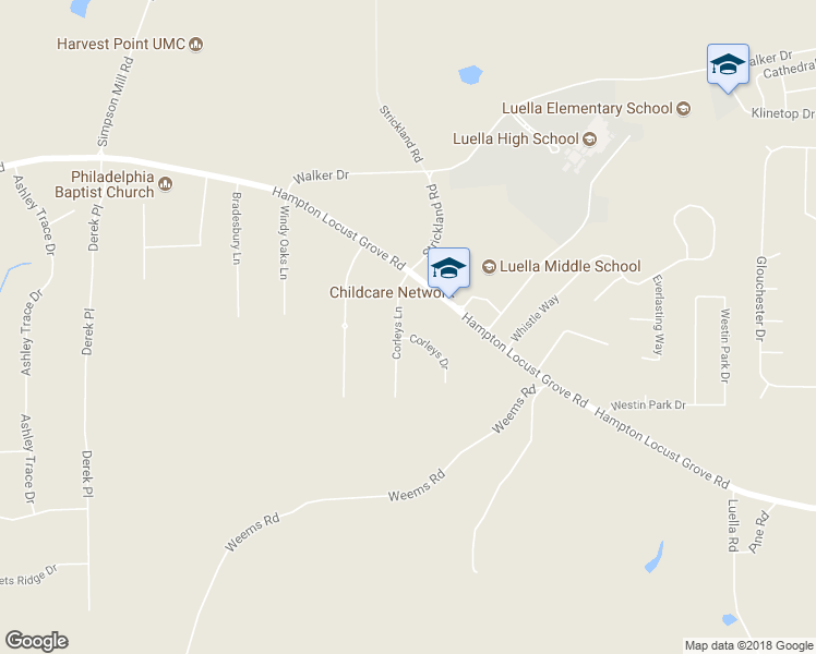 map of restaurants, bars, coffee shops, grocery stores, and more near 107 Corleys Lane in Locust Grove